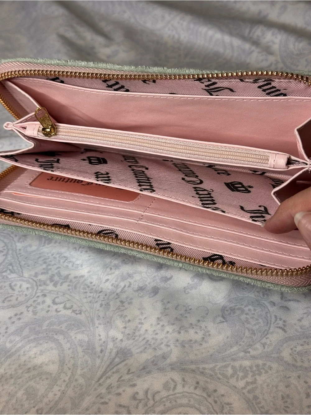 Juicy Couture Soft Terrycloth Mint with Pink Embroidered Logo Wristlet Wallet